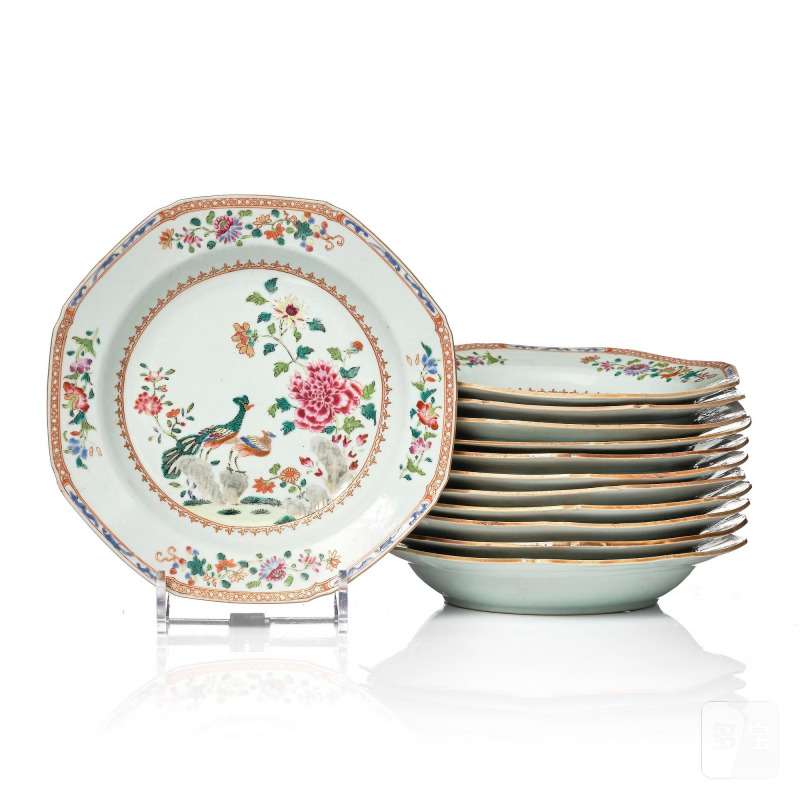A set of 12 famille rose 'double peacock' soup dishes,
